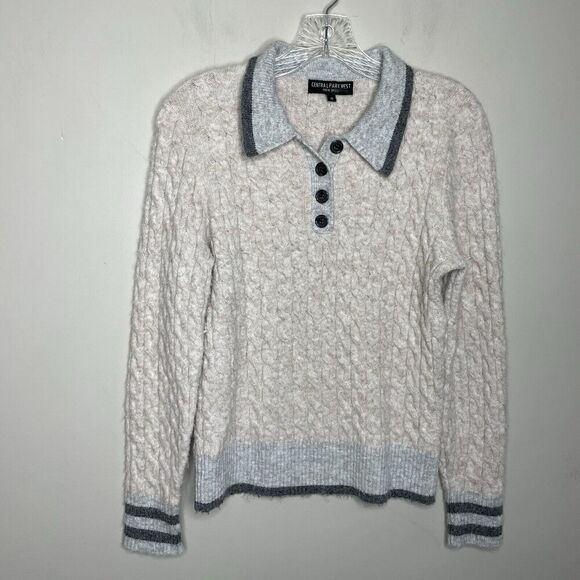 CENTRAL PARK WEST Sweater Women Medium Bobbie Polo Pullover Gray Cable Knit - Picture 3 of 16